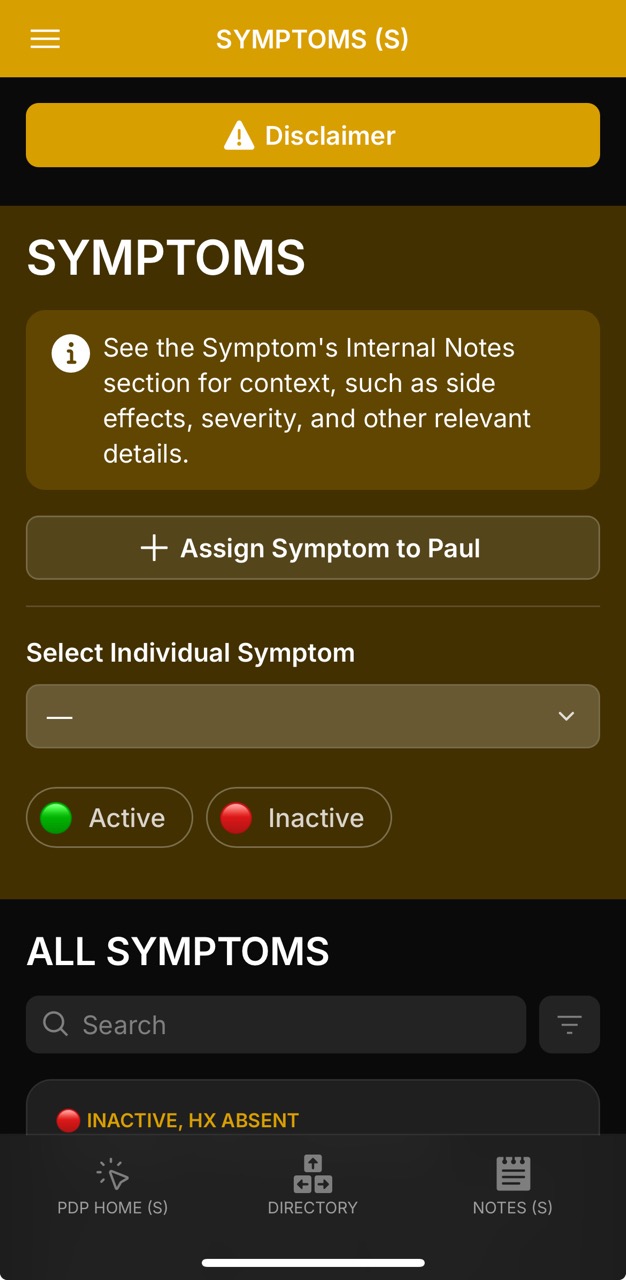 Symptoms Page